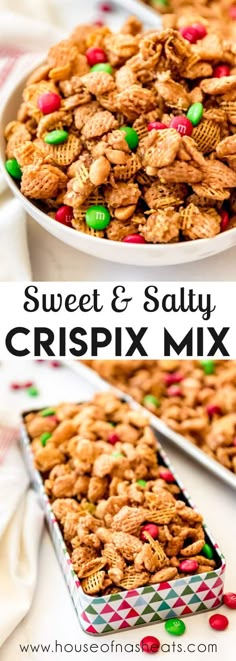 a close up of a plate of cereal mix with the words sweet & salty crispix mix