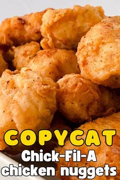 chicken nuggets on a white plate with the title copycat chick - fil - a chicken nuggets