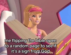 the barbie doll is reading a book with an open book in front of her face