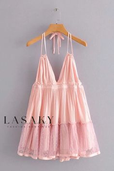 Lasaky - Bohemian Strappy Halter Maxi Dress with Mesh Panel and Tie-Back V-Neck Jumpsuit - Perfect for a Beach Vacation Womens Polka Dot Dress, Beach Dresses Short, Boho Beach Dress, Boho Mini Dress, Dress For Summer, Backless Mini Dress, Halter Mini Dress, Evening Dresses Elegant, Halter Maxi Dresses