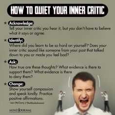 a man with headphones on his ears has an ad for the word, how to quiet your inner critic