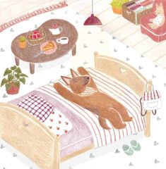 a drawing of a cat laying on a bed in a room with furniture and decor