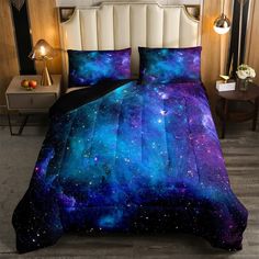 PRICES MAY VARY. King Size Purple Galaxy comforter set includes 1 Comforter (104 by 90 inches) and 2 pillow cases (20 by 36 inches). Machine washable and tumble dryable at low temperature for easy care. Do not bleach. Soft Fabric - Our Moon Star comforter set with premium microfiber offers exceptional softness and breathability, which brings you excellent feelings and creates a comfortable sleep for you. Soft Lightweight - This Galaxy Bedding Set is lightweight but warm enough. It's convenient t Space Comforter, Night Starry Sky, Star Bedding, Purple Galaxy, Down Comforter, Moon Star, Comforter Set, Starry Sky, Bedding Sets