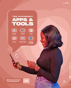 a woman looking at her cell phone with the text time management apps and tools above it