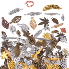 many different types of metal leaves on a white background