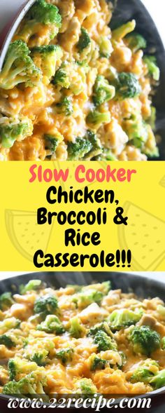 slow cooker chicken broccoli and rice casserole with text overlay