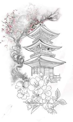 an ink drawing of a pagoda and flowers