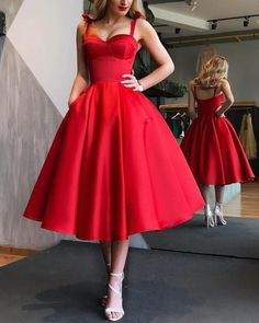 Red Prom Dress, Simple Prom Dress, Square Neckline Prom Dress Satin with Bow, Backless Prom Dress 1721 by RosyProm, $111.14 USD Tea Length Prom Dress, Short Red Prom Dresses, Tea Length Bridesmaid Dresses, Satin Ball Gown, Prom Dresses With Pockets, Pnina Tornai, Red Homecoming Dresses, Short Prom Dress, Tea Length Dresses