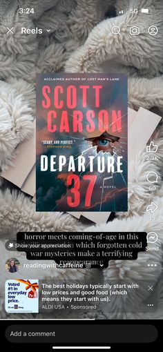 the text reads, scott carron departure 37 is displayed above an image of a pile of books