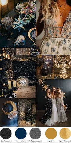 a collage of photos with gold, blue and black colors in the same color scheme