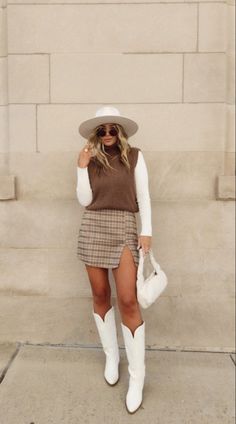 #fall #winter #outfits White Boots Western, Skirt And Cowboy Boots Outfit, Fall Outfit Plaid, Ootd Vest, Crossover Jeans, Boots Ootd, White Boots Outfit, Fall Boots Outfit, Outfit Boots