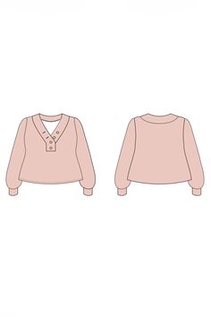 an illustration of a pink sweater with buttons on the front and back, shown in two different sizes