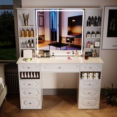 a white desk topped with lots of bottles and drawers next to a mirror on top of a wall