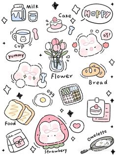 an image of some food and drinks with words on the bottom right hand corner that says happy