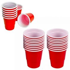 red and white plastic cups are stacked on top of each other with one cup in the middle