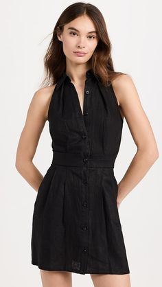 HEVRON Domino Mini Dress | Shopbop Fitted Linen Dress For Work, Chic Fitted Linen Dress With Buttons, Fitted Sleeveless Linen Dress For Work, Fitted Linen Dress With Button Closure, Fitted Linen V-neck Dress For Work, Fitted Belted Linen Dress, Chic Linen Dress With Buttons For Workwear, Fitted V-neck Linen Dress For Work, Chic Collared Linen Dress