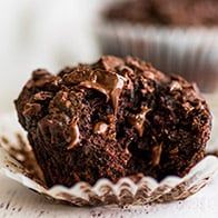 a chocolate muffin sitting on top of a white plate