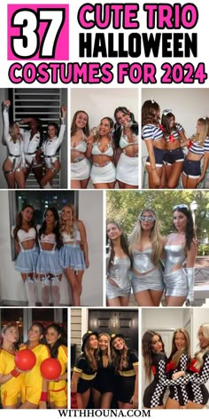 some girls in costumes for halloween and the words cute trio costumes for 2014 are shown