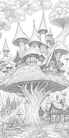 a drawing of a mushroom house in the middle of a forest with lots of trees