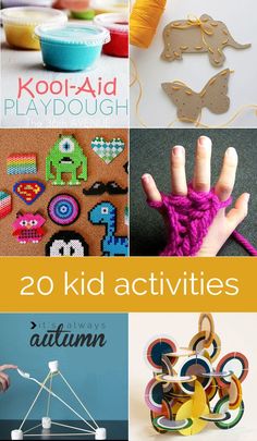 the collage shows different crafts and activities for kids to do with yarn, paper, scissors