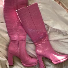 New Boots Pink Croc Style And Round Toe. Clean Sole Proof I Have Not Worn Them Once. Super Cute Just Never Got Around To Wearing Them. Chic Pink Almond Toe Boots, Pink Boots With Reinforced Block Heel, Pink High Heel Boots Medium Width, Pink Leather Platform Boots For Fall, Pink Almond Toe Boots Medium Width, Pink Leather Sole Round Toe Boots, Pink Boots With Leather Sole And Round Toe, Pink Synthetic Boots With Reinforced Heel, Pink Round Toe Boots With Leather Sole