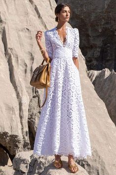 They'll be telling tales of the girl in the Somerset White Eyelet Maxi Dress for ages to come! Lightweight woven cotton, decked out with pierced eyelet embroidery throughout, creates a lace-trimmed surplice bodice and short (half) sleeves. Dreamy maxi skirt sits on flattering high waist with a flowy A-line silhouette. Crochet Midi Dress, Empire Waist Maxi Dress, Maxi Robes, Dresses 2024, Dresses Summer, Moda Vintage, Slim Dresses, Daily Dress, Maxi Dress With Sleeves