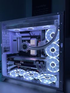 the inside of a computer case with lights on