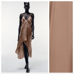 Nwt. Zara Brown/Beige Knotted Slip Cocktail Midi Dress With V-Neckline, Spaghetti Straps That Cross At Back, Front Knot, Asymmetric Hem, Side Hidden In-Seam Zipper Closure. Size S. Ref. 2157/035. Pit To Pit 16" Flat, Waist 17", Length 50". G Zara Embroidered Dress, Zara Floral Print Dress, Cocktail Midi Dress, Corset Style Dresses, Leather Shirt Dress, Zara Midi Dress, Sleeveless Wrap Dress, White Embroidered Dress, Knit Wrap Dress