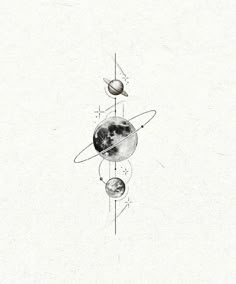 an artistic drawing of the solar system with planets and stars on it, in black and white