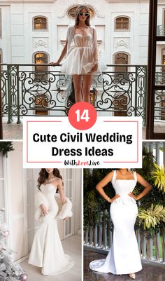 four different dresses with the words, cute civil wedding dress ideas and pictures in red