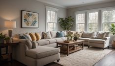 a living room filled with lots of furniture next to two large windows on top of a hard wood floor