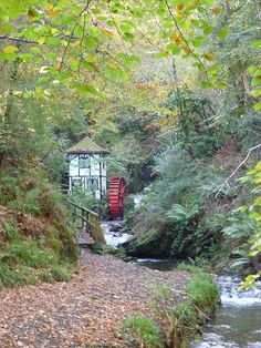 a small stream running through a forest next to a red and white gazebo on top of a hill