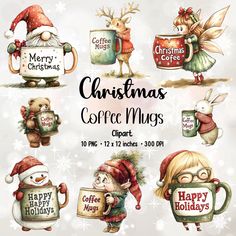 christmas coffee mugs clipart set with santa claus and other holiday related items for commercial use