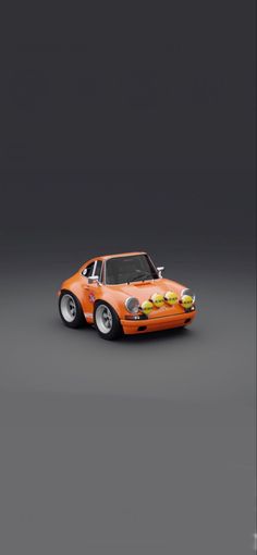 an orange race car with white wheels on a gray background, in the style of porsche 914