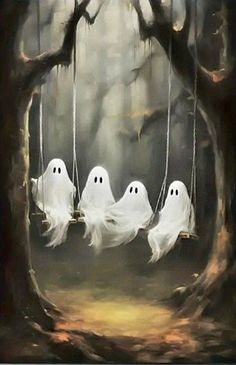 three ghostes on a swing in the woods