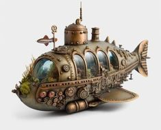 a metal model of a submarine with many things on it