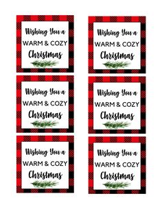 four red and black christmas labels with the words wishing you a warm & cozy christmas