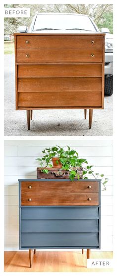 an old dresser turned into a planter with plants growing in it and then painted blue