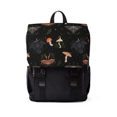 Mushroomcore Cottagecore Witchy Boho Casual Shoulder Backpack | School Backpack | Back To School Moon And Moth Cottagecore Witchy Boho Casual Shoulder Backpack in a classic shape with a front flap design. It is made of durable Oxford canvas. It has two slip interior pockets and one laptop sleeve in the main compartment, a front zipper pocket, and two side pockets. This is the perfect backpack for adults, kids and teens for back to school, work or personal use!  Everything in my shop is designed by me and all purchases are going to support my small business and my art! Every purchase means the world to me and is helping me support my dream as well as my two young daughters!  Made of 24.34 oz. Oxford canvas Flap with strap claps at the front Adjustable shoulder straps Black base and inside c Grunge Backpack, Witchy Boho, Backpack School, Shoulder Backpack, School Backpack, Boho Casual, Designer Backpacks, Backpack Purse, Black Backpack