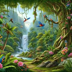 a painting of birds flying in the air over a jungle with waterfall and flowers on it