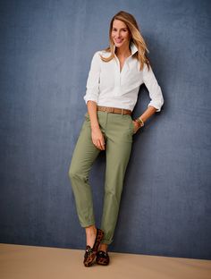 Heaven-on-earth softness. And that little roll at the hem? Perfection. Features Flat Front/Trouser Relaxed Leg Hits Below Waist Ankle Length Fly front with button closure Front Slash, Back welt pockets Imported Fit: Inseam: Rolled: Misses 27"; Petite 24 1/2"; Plus 27"; Plus Petite 24 1/2" Unrolled: Misses 29 1/2"; Petite 27"; Plus 29 1/2"; Plus Petite 27" Material: 98% Cotton, 2% Spandex Care: Machine wash; tumble dry | Relaxed Chinos Pants Talbots