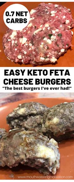 two burgers with different types of meat on them and the words easy keto feta cheese burgers