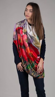 Looking for a luxurious silk shawl to complete your outfit? Look no further than our collection of hand-painted silk shawls and scarves! Our designer women's shawls come in a variety of styles, from large silk shawl wraps to silk headwraps and shoulder wraps.  Our flower shawls are perfect for a spring or summer wedding, while our hand-painted shawls and scarves add a unique touch to any outfit. Made from only the finest materials, our silk scarves and wraps are the ultimate statement piece.  Wh Designer Luxury Red Silk Scarf, Red Floral Print Silk Scarf As A Gift, Red Floral Print Silk Scarf As Gift, Silk Scarf With Floral Print For Gift, Silk Scarves With Floral Print As Gift, Silk Scarves With Floral Print For Gift, Silk Floral Print Scarf As Gift, Multicolor Silk Shawl With Floral Print, Multicolor Silk Floral Print Shawl