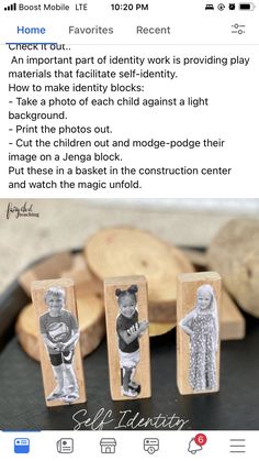 three wooden blocks with photos on them and the words playmate materials in front of them