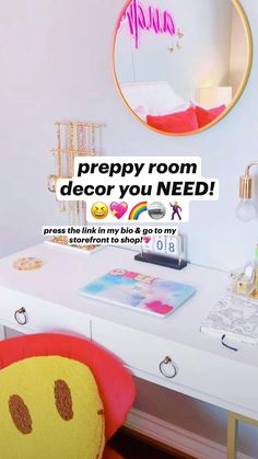 a white desk topped with a mirror and a smiley face chair in front of it