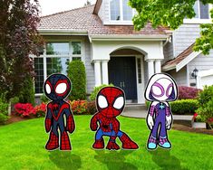 three cartoon characters standing in front of a house