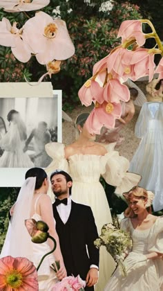 a collage of people dressed in wedding gowns and dresses with flowers on them