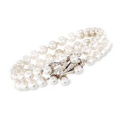 Ross-Simons - C. 1950 Vintage 5.3-6.3mm Cultured Pearl Two-Row Bracelet, .20ct t. w. Diamond Clasp. 7". C. 1950. Presented by our Estate collection, a refined look any elegant woman will love the accompany of. The Retro-era bracelet, comprised of double strands of 5.3-6.3mm cultured pearls, is ornamented with a stunning swirled box clasp, adorned with .20 ct. t. w. round diamonds for added radiance. Crafted in 14kt white gold. White pearl two-row bracelet. Exclusive, one-of-a-kind Estate Jewelry Era Bracelet, Cultured Pearl Bracelet, Pearl Birthstone, Retro Era, Bracelet Diamond, 1950 Vintage, Fine Jewelery, Natural Gold, Box Clasp