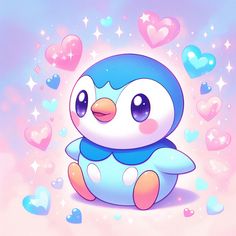 a cute little penguin with hearts around it