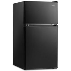 a black refrigerator freezer sitting on top of a white wall